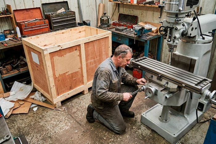 A machinist sets up a newly delivered milling machine in a garage workshop, its shipping crate still open beside him.