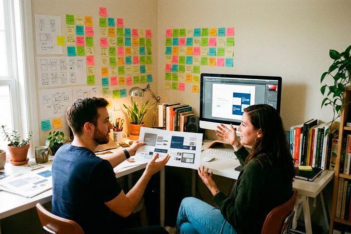 Two people at a studio desk compare a printed layout against the design on screen, a wall of sketches and sticky notes behind them.